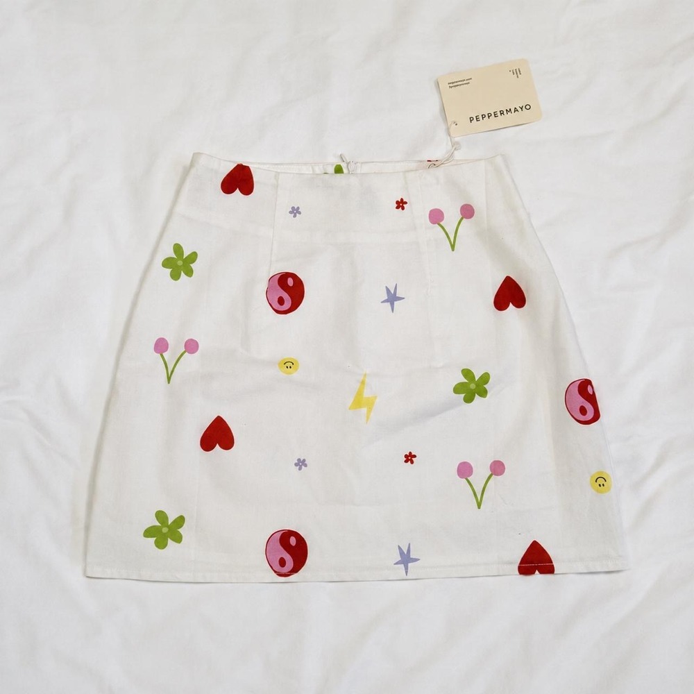 Peppermayo NWT Morning Market Mini Skirt White Y2K Motif Linen Blend Size 0 NEW